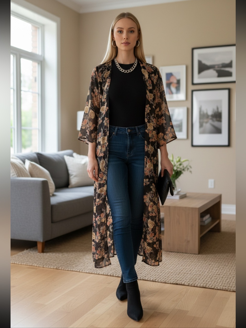 Peach Love California Black Floral Sheer Long Kimono Cardigan